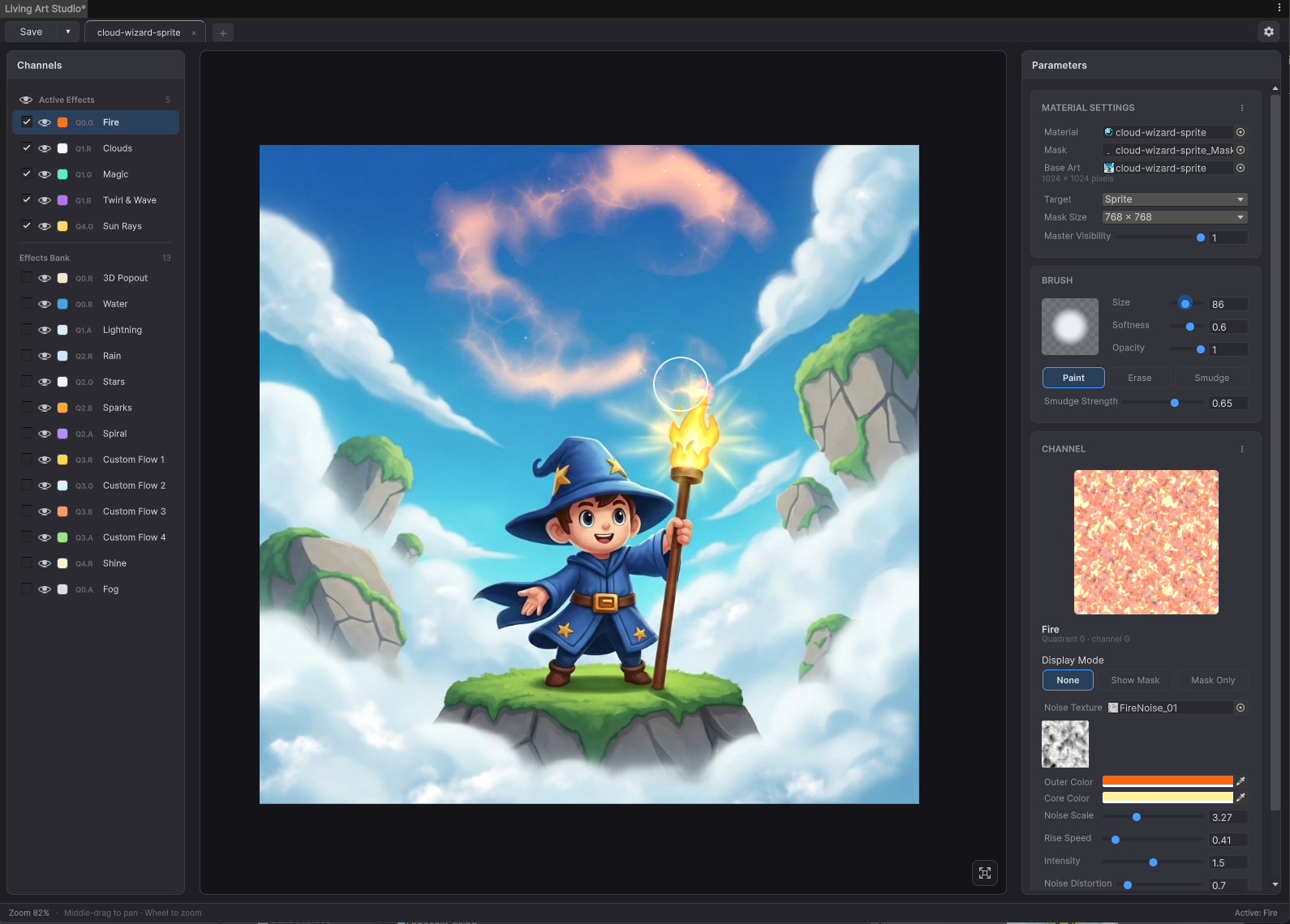 Living Art Studio editor window — canvas with channels list, brush controls and Custom Flow handles