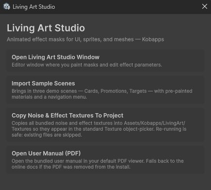 Welcome window with quick-action buttons